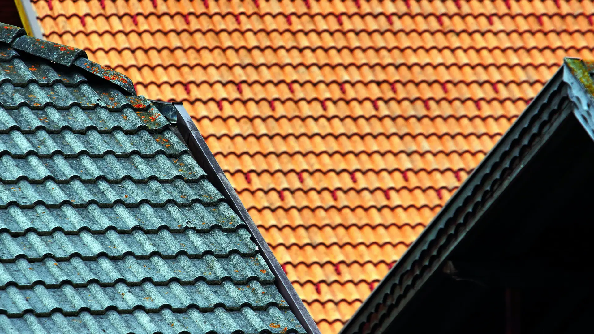 light orange blue and grey roofing of houses