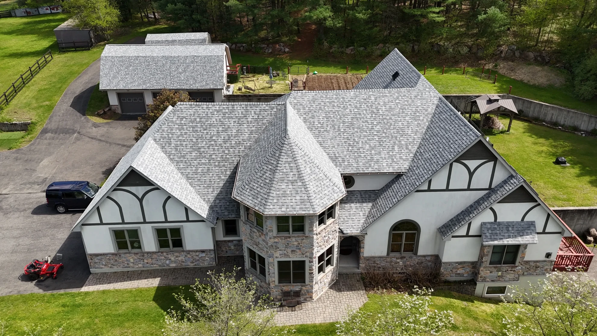 Custom home with a newly installed architectural shingle roof in Wind Gap, PA, photographed from above and showcasing Seifert Contracting's residential roofing expertise.