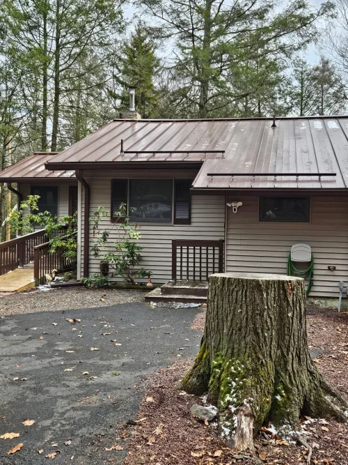Brown standing seam metal roof with snow guards and matching gutters and downspouts on a wooded residential property